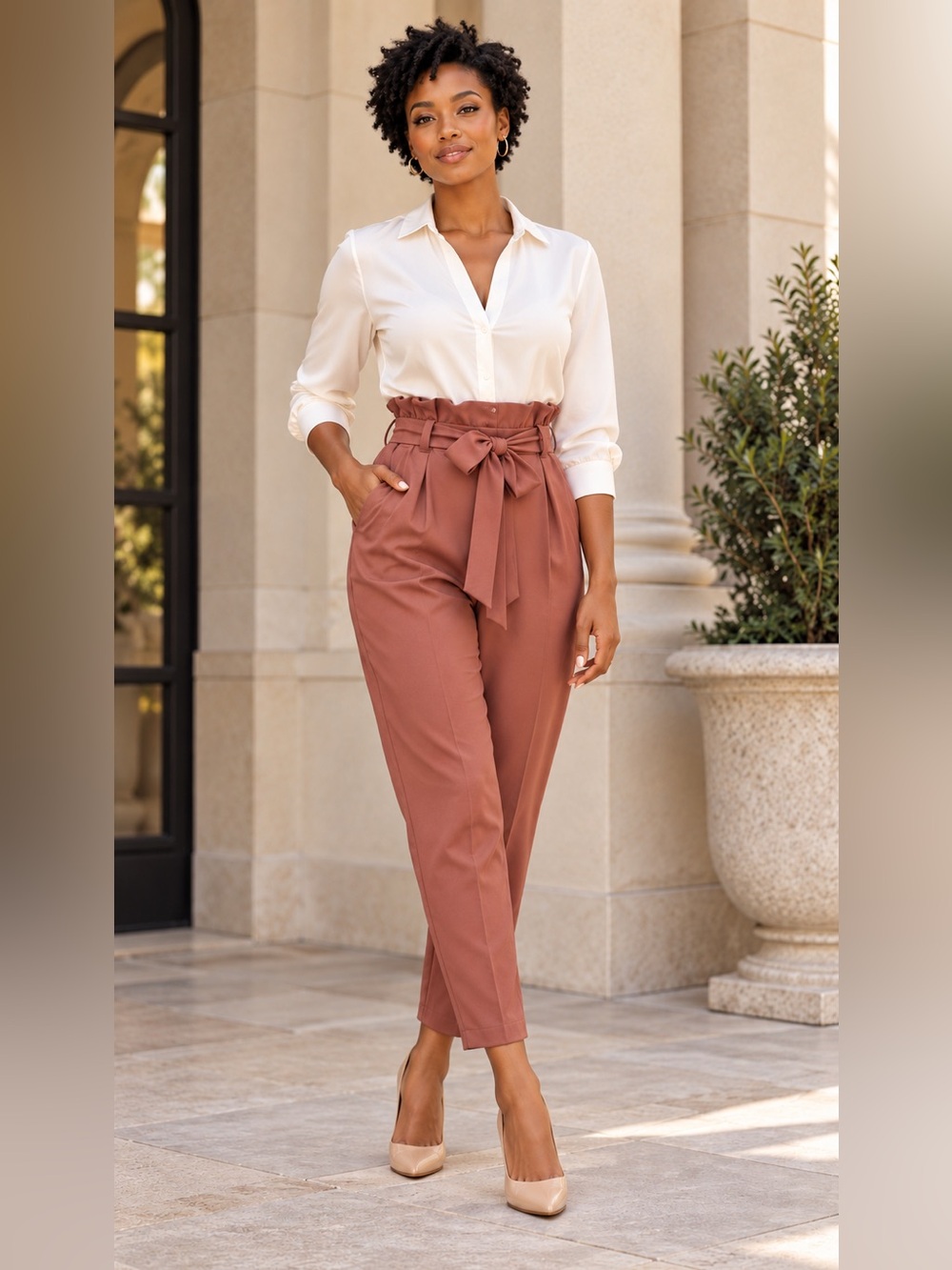 Gibson & Latimer Size 8 Dusty Rose Paperbag Waist Belted Tapered Pants